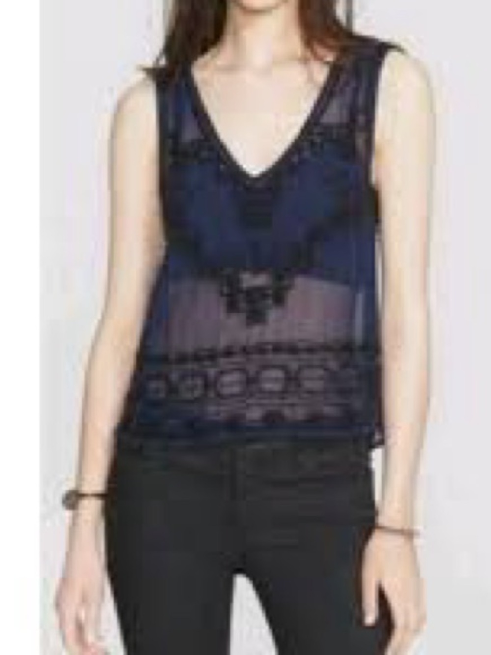 Free People Run With It Embellished Sheer Beaded Tank Navy Chiffon Boho Top L